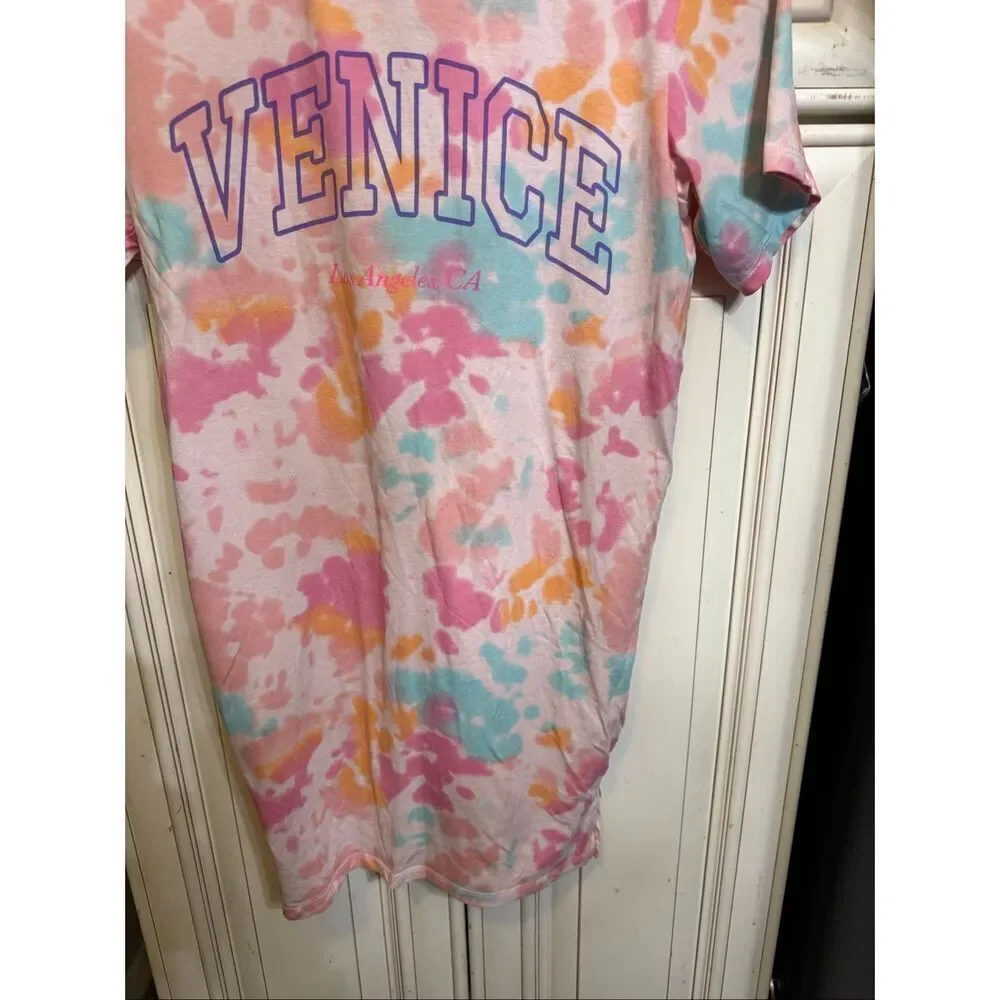 H&M Kids Crew Neck Tie Dye Venice Print T-shirt Dress Pink Multi Size 6-8Y NWOT